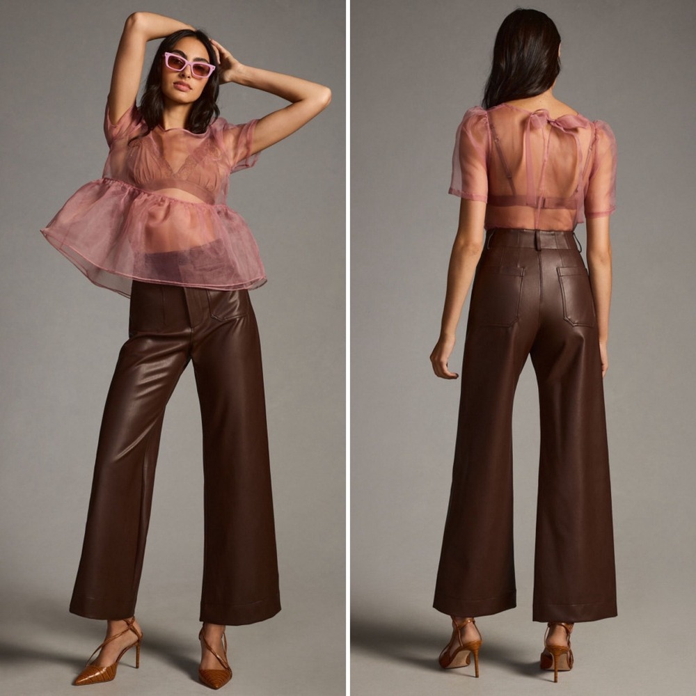 Anthropologie Maeve Colette Faux Leather Pants Sz 25 Burgundy Wide Leg High Rise